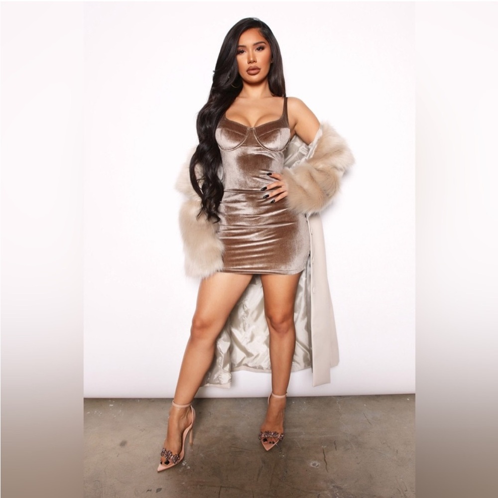 Fashion Nova Taupe Carly Velvet Bustier Mini Dress